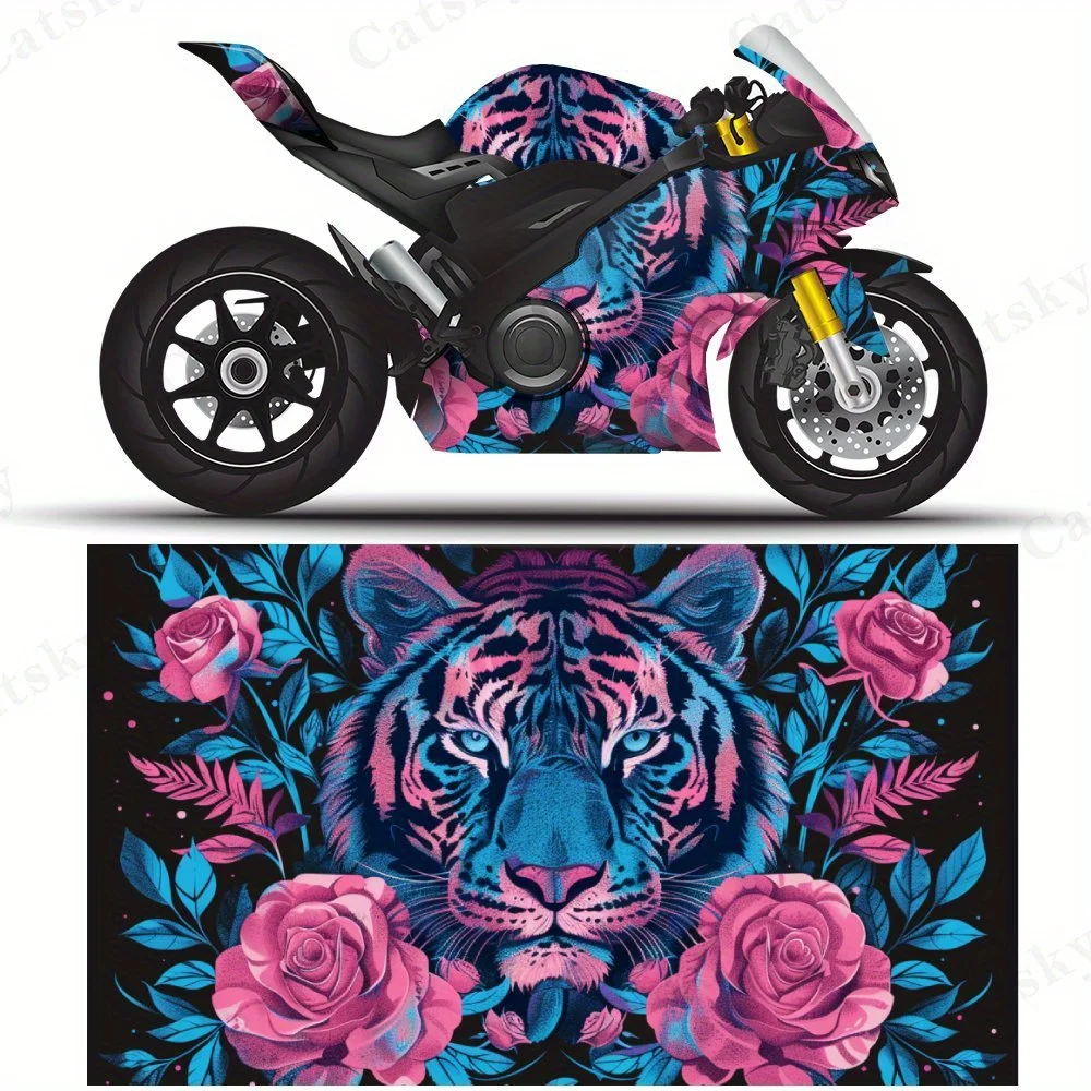 Pink Blue Tiger and Rose Motorcycle Vinyl Wrap, PVC Self-Adhesive Waterproof Motorcycle Sticker, Anti-Scratch Decorative Film fo 
Pink Blue Tiger and Rose Motorcycle Vinyl Wrap, PVC Self-Adhesive Waterproof Motorcycle Sticker, Anti-Scratch Decorative Film fo