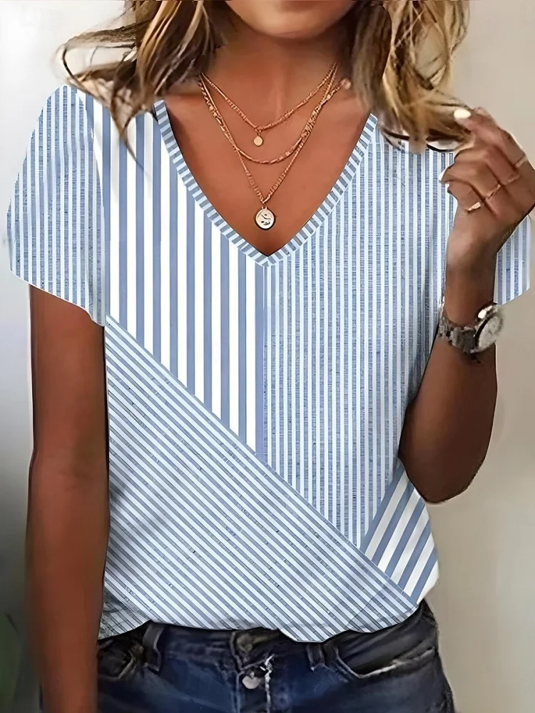 T-Shirt Basics Women's Fashion Stripe Printed V-Neck Tops Fashion Short Sleeve Tee Shirts Summer Casual Work Fit Women Clothing
T-Shirt Basics Women's Fashion Stripe Printed V-Neck Tops Fashion Short Sleeve Tee Shirts Summer Casual Work Fit Women Clothing