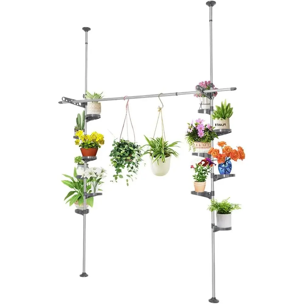 Серая напольная подставка для комнатных растений с двойными натяжными стержнями, 12 поддонами, 2 крючками и 1 стержнем для хранения горшков и демонстрации от пола до потолка
Серая напольная подставка для комнатных растений с двойными натяжными стержнями, 12 поддонами, 2 крючками и 1 стержнем для хранения горшков и демонстрации от пола до потолка