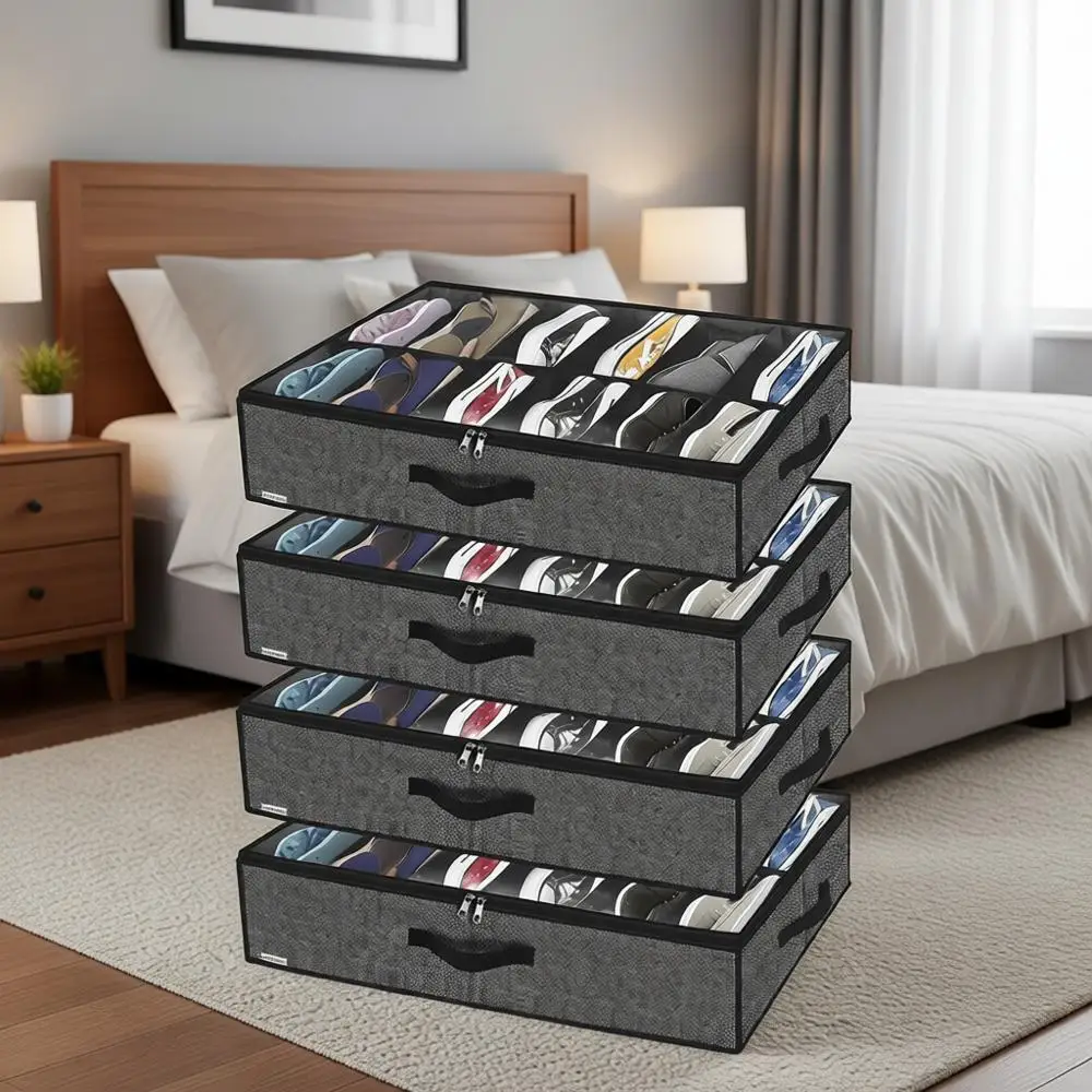 4-Pack Underbed Shoe Organizers - 12x4 Pairs Storage, Sturdy & Breathable Linen-Like Black Bags with Reinforced Handles
4-Pack Underbed Shoe Organizers - 12x4 Pairs Storage, Sturdy & Breathable Linen-Like Black Bags with Reinforced Handles
