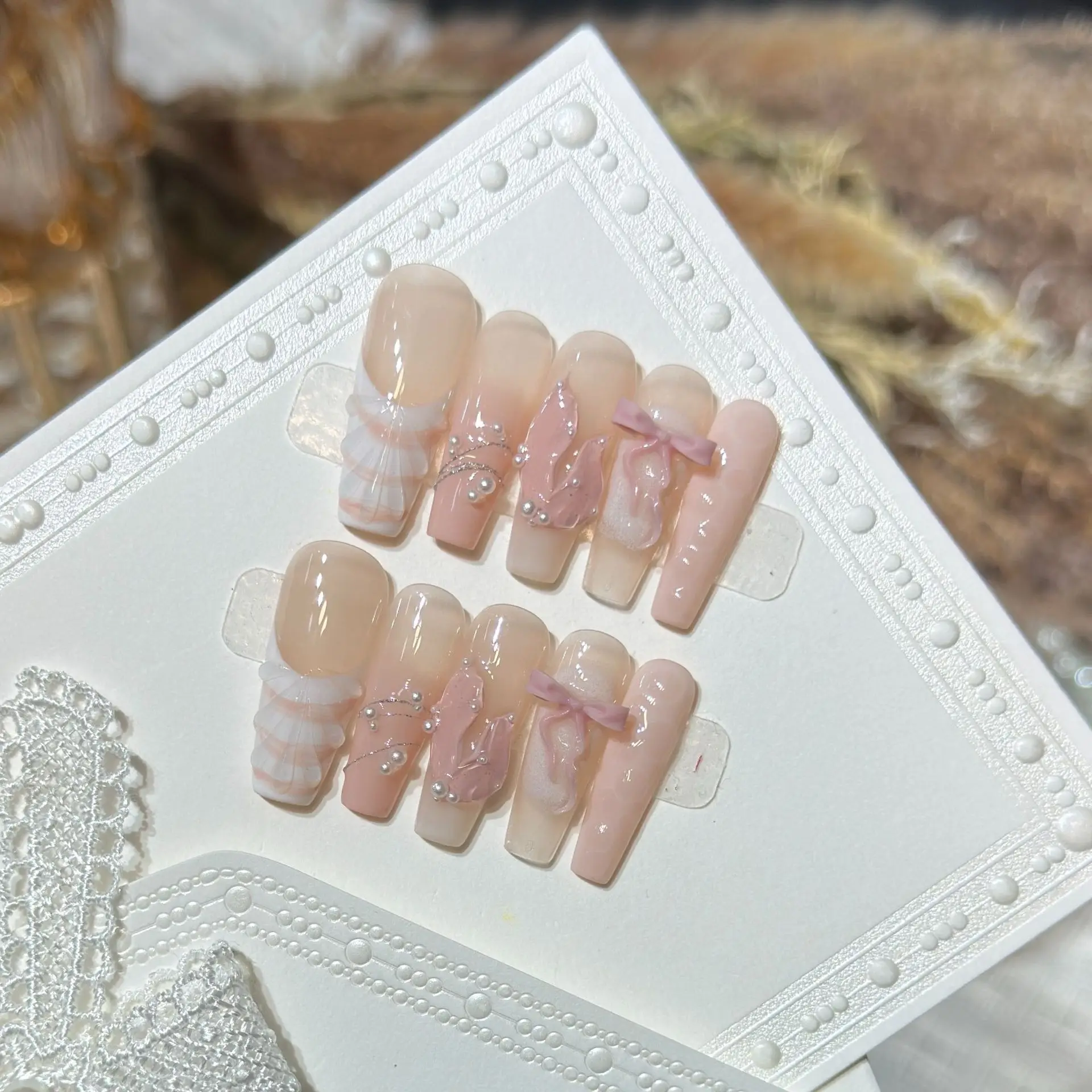 10pcs Square Press on Nails,Handmade French Style with Luxury Sweet Design Mermaid Tail Shell Pearl Butterfly Details
10pcs Square Press on Nails,Handmade French Style with Luxury Sweet Design Mermaid Tail Shell Pearl Butterfly Details