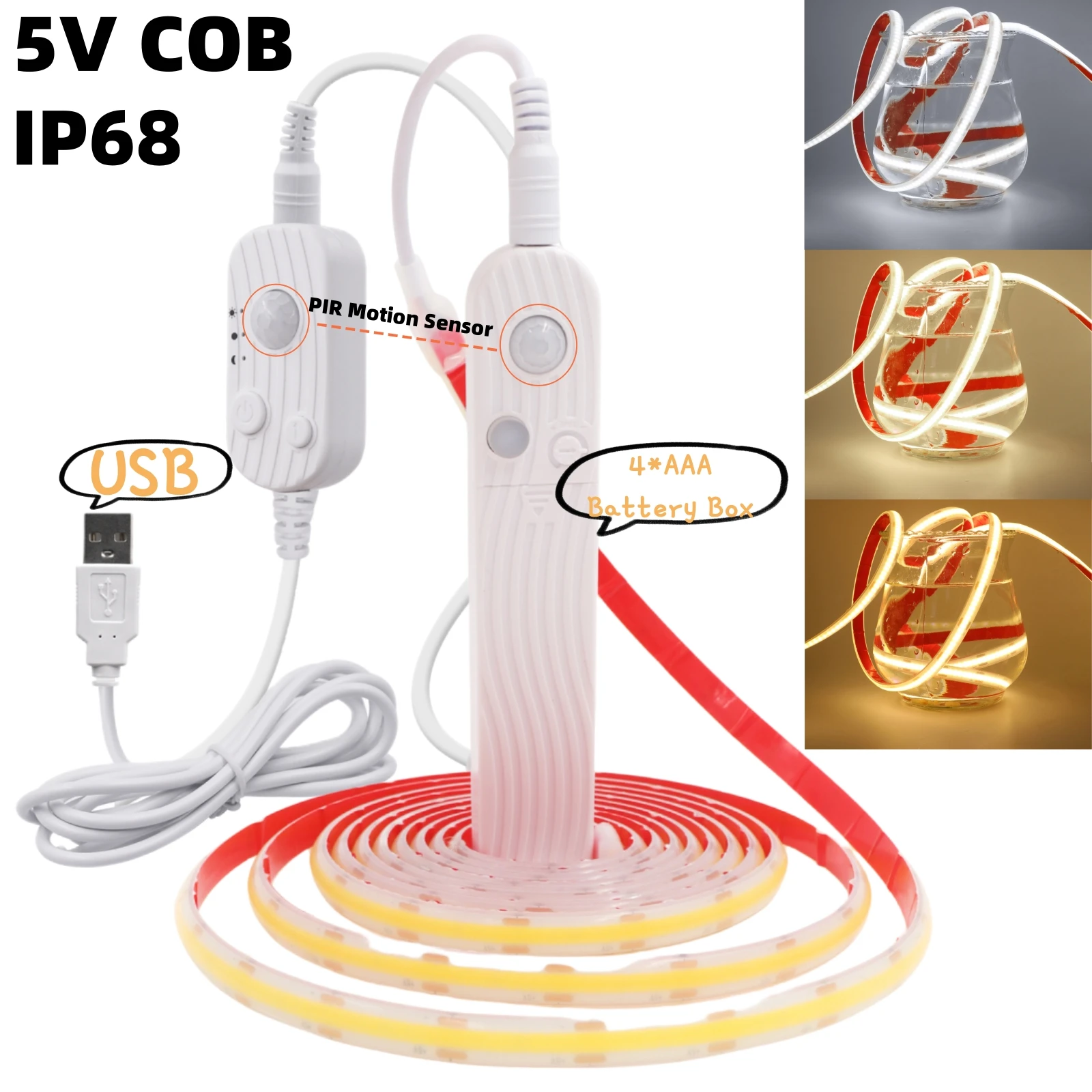 USB Battery Power COB Strip With PIR Motion Sensor 5V IP68 LED Light 320LEDs/m Adhesive Tape 3000K 4000K 6000K Linear Lighting
USB Battery Power COB Strip With PIR Motion Sensor 5V IP68 LED Light 320LEDs/m Adhesive Tape 3000K 4000K 6000K Linear Lighting