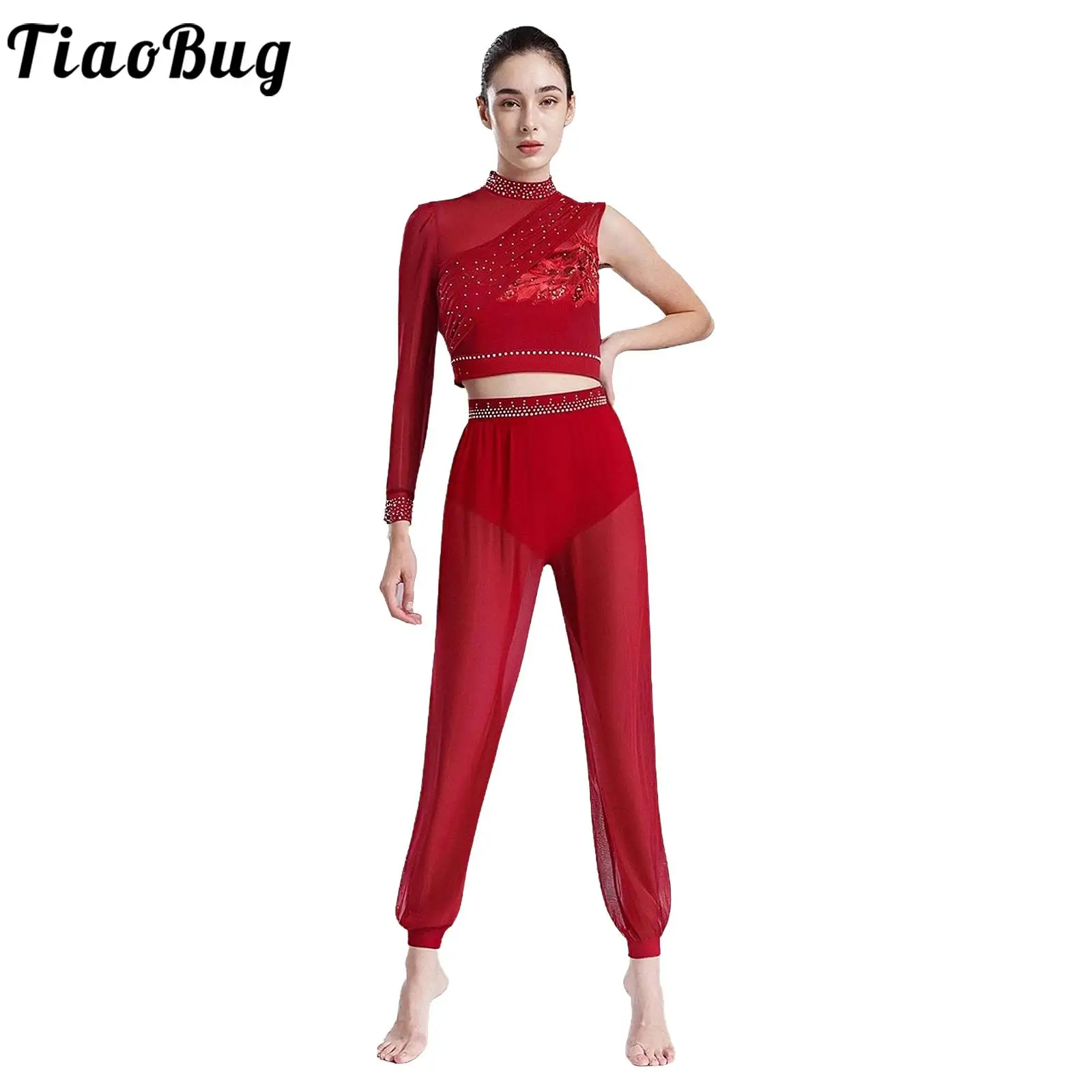 Women Latin Belly Dance Outfits Backless Asymmetrical Crop Top and Mesh Long Pants Glittery Rhinestones Modern Dancewear Set
Women Latin Belly Dance Outfits Backless Asymmetrical Crop Top and Mesh Long Pants Glittery Rhinestones Modern Dancewear Set