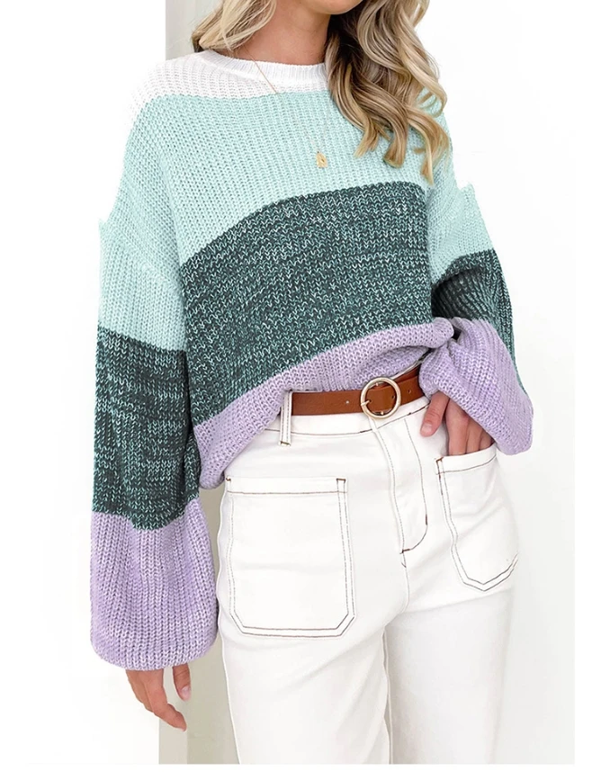 Women's Fashionable New Color Blocked Spliced Pullover Sweater Casual Loose Round Neck Long Sleeved Knitted Sweater
Women's Fashionable New Color Blocked Spliced Pullover Sweater Casual Loose Round Neck Long Sleeved Knitted Sweater
