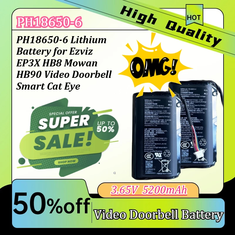 5200mAh PH18650-6 Lithium Battery for Ezviz EP3X HB8 Mowan HB90 Video Doorbell Smart Cat Eye
5200mAh PH18650-6 Lithium Battery for Ezviz EP3X HB8 Mowan HB90 Video Doorbell Smart Cat Eye