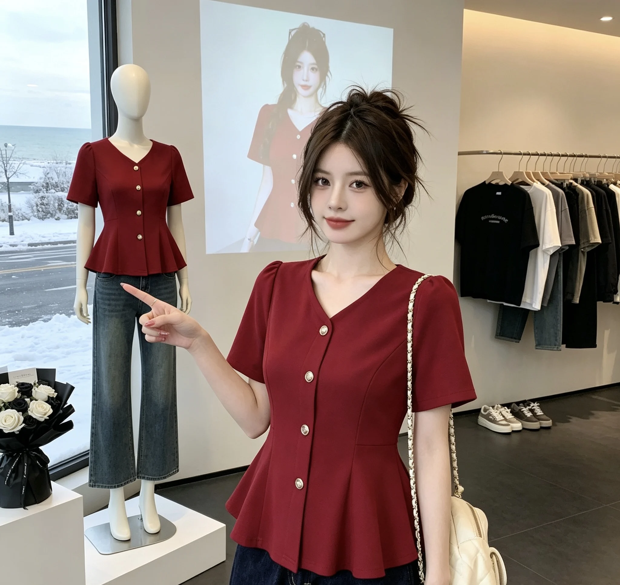 Elegant V-neck Short-sleeved T-shirt Women's Loose Fit Summer New Style Purple Color Block High Waist Design Commute Fashion
Elegant V-neck Short-sleeved T-shirt Women's Loose Fit Summer New Style Purple Color Block High Waist Design Commute Fashion