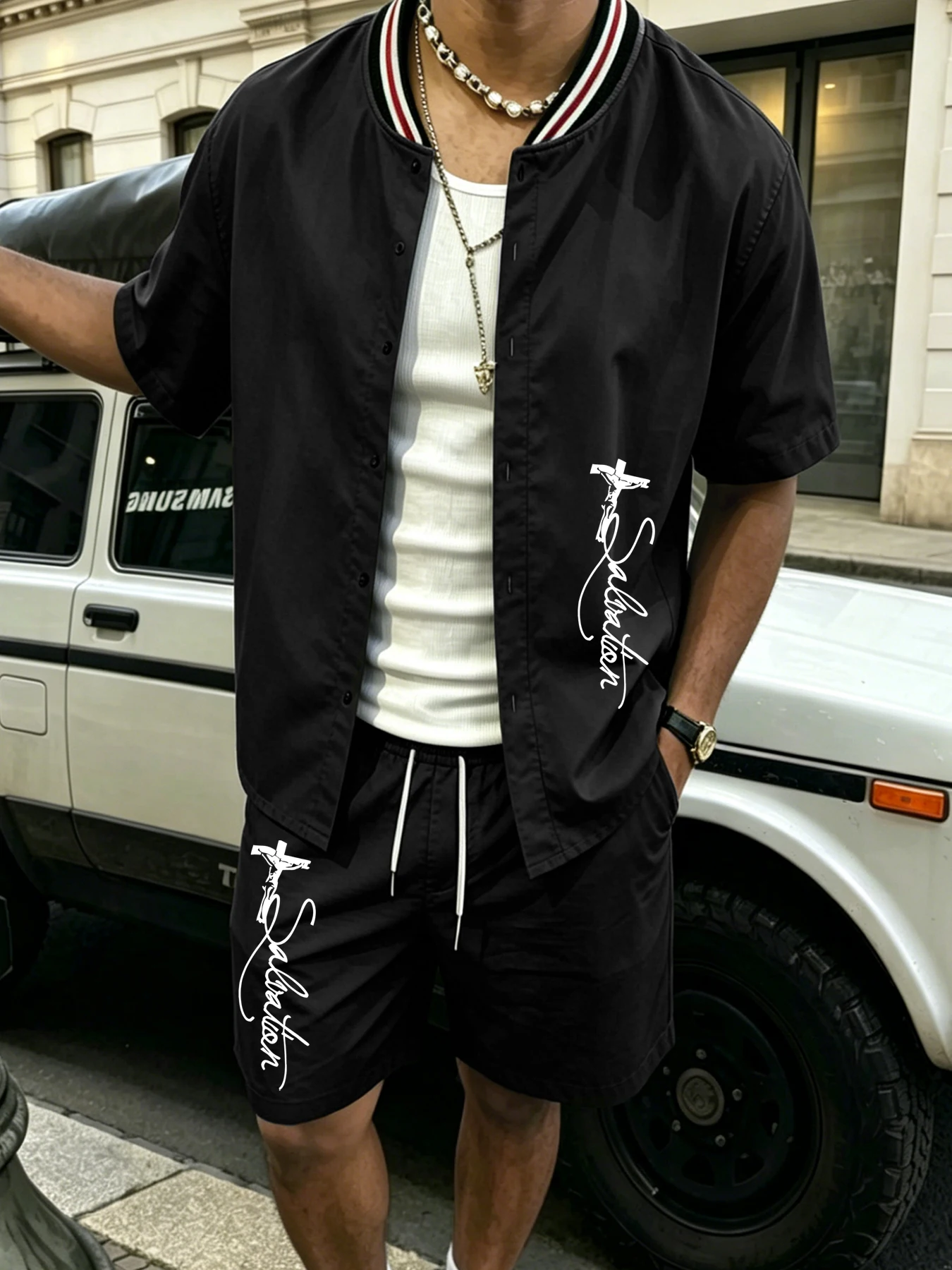 Men's American-Style High-Street Printed Ribbed-Collar Short-Sleeve Shirt Set: Summer Casual and Athletic Two-Piece Set
Men's American-Style High-Street Printed Ribbed-Collar Short-Sleeve Shirt Set: Summer Casual and Athletic Two-Piece Set