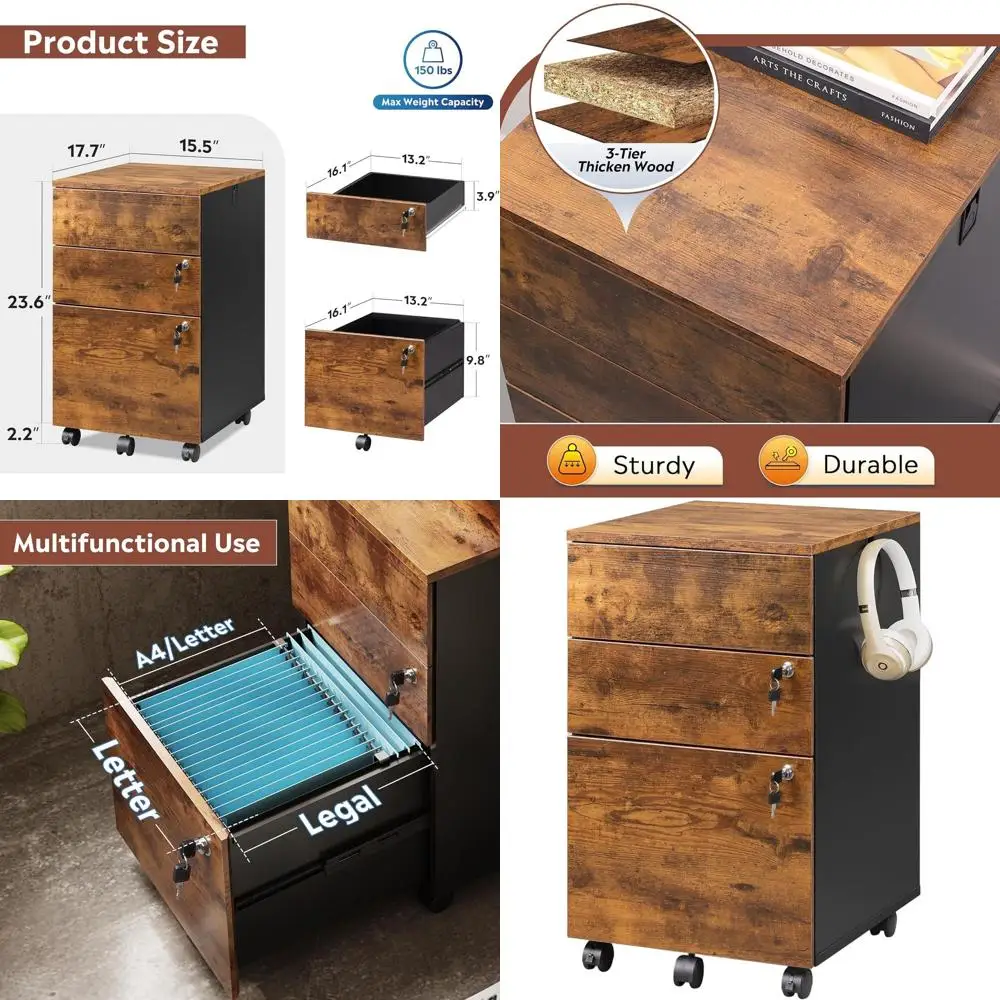 Rustic Brown Wooden 3-Drawer Locking File Cabinet for Letter, Legal, A4 Sizes, Under Desk Office Use
Rustic Brown Wooden 3-Drawer Locking File Cabinet for Letter, Legal, A4 Sizes, Under Desk Office Use