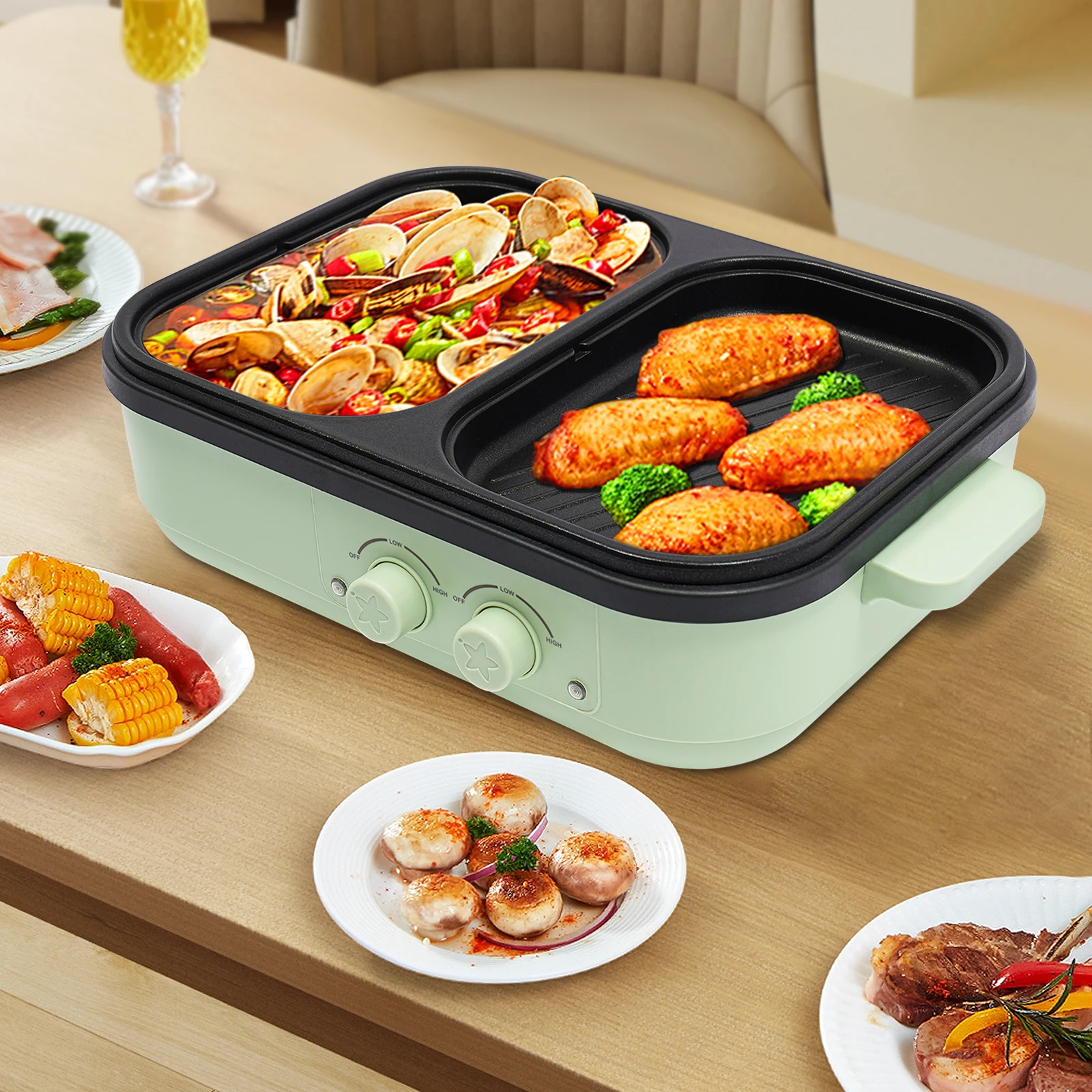 1300W Electric Non-stick Hot Pot With Grill Area, Multi-purpose 2-In-1 Electric Hot Pot for Grilling, Frying and Hot Pot
1300W Electric Non-stick Hot Pot With Grill Area, Multi-purpose 2-In-1 Electric Hot Pot for Grilling, Frying and Hot Pot