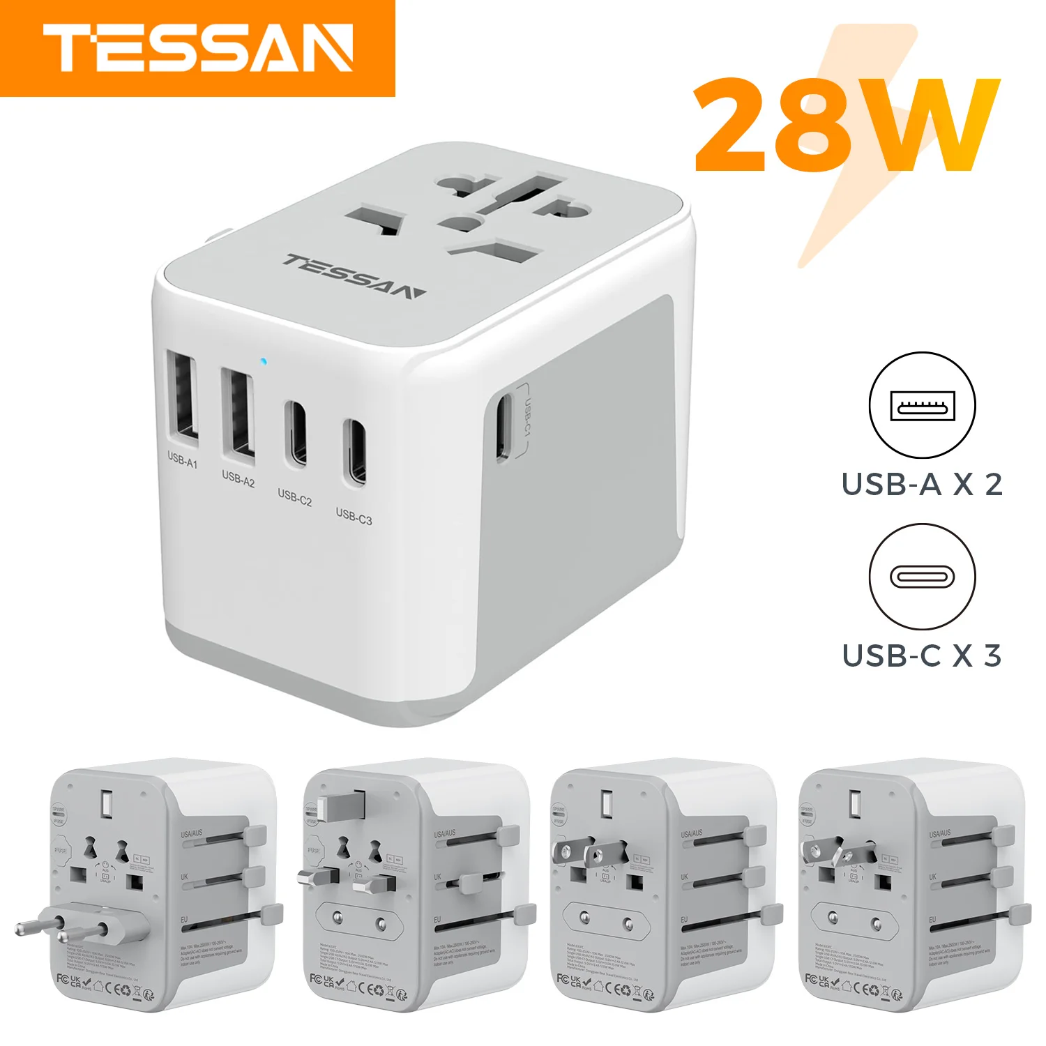 Универсальный дорожный адаптер TESSAN 28 Вт, универсальное дорожное зарядное устройство с 2 портами USB и 3 настенными зарядными устройствами типа C для путешествий в США, ЕС, Великобритании и США
Универсальный дорожный адаптер TESSAN 28 Вт, универсальное дорожное зарядное устройство с 2 портами USB и 3 настенными зарядными устройствами типа C для путешествий в США, ЕС, Великобритании и США