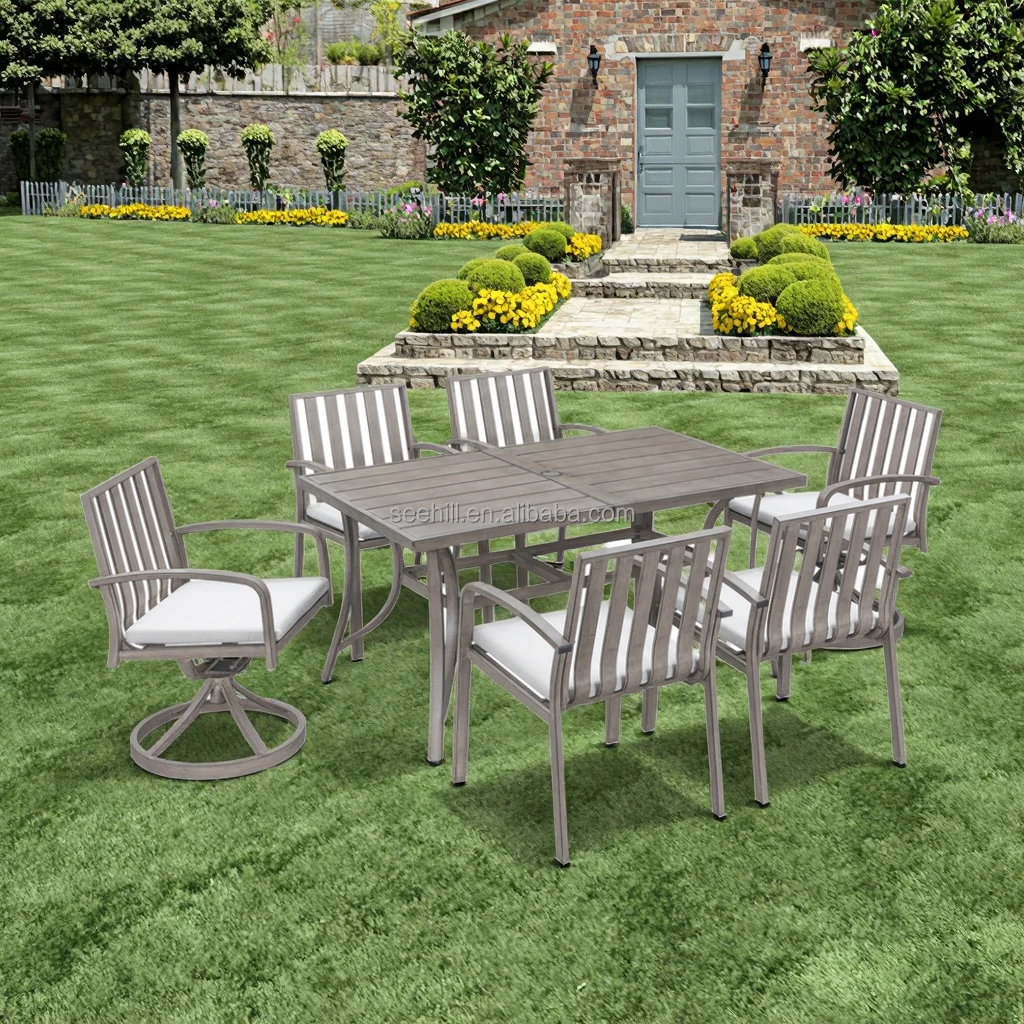 Free Shipping Fast 7-Piece Aluminium Garden Dining Set 6 Umbrella Hole Ready 2 Swivel Patio Chairs 1 Table for Outdoor Use
Free Shipping Fast 7-Piece Aluminium Garden Dining Set 6 Umbrella Hole Ready 2 Swivel Patio Chairs 1 Table for Outdoor Use