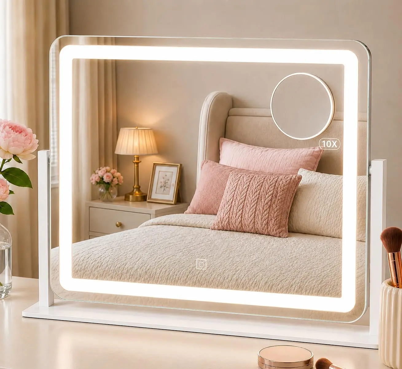 22'x17' Lighted Vanity Mirror, 3-Color Dimmable LED Makeup Mirror with Power Adapter, Sturdy Frame 360° Rotating Desktop Mirror,
22'x17' Lighted Vanity Mirror, 3-Color Dimmable LED Makeup Mirror with Power Adapter, Sturdy Frame 360° Rotating Desktop Mirror,