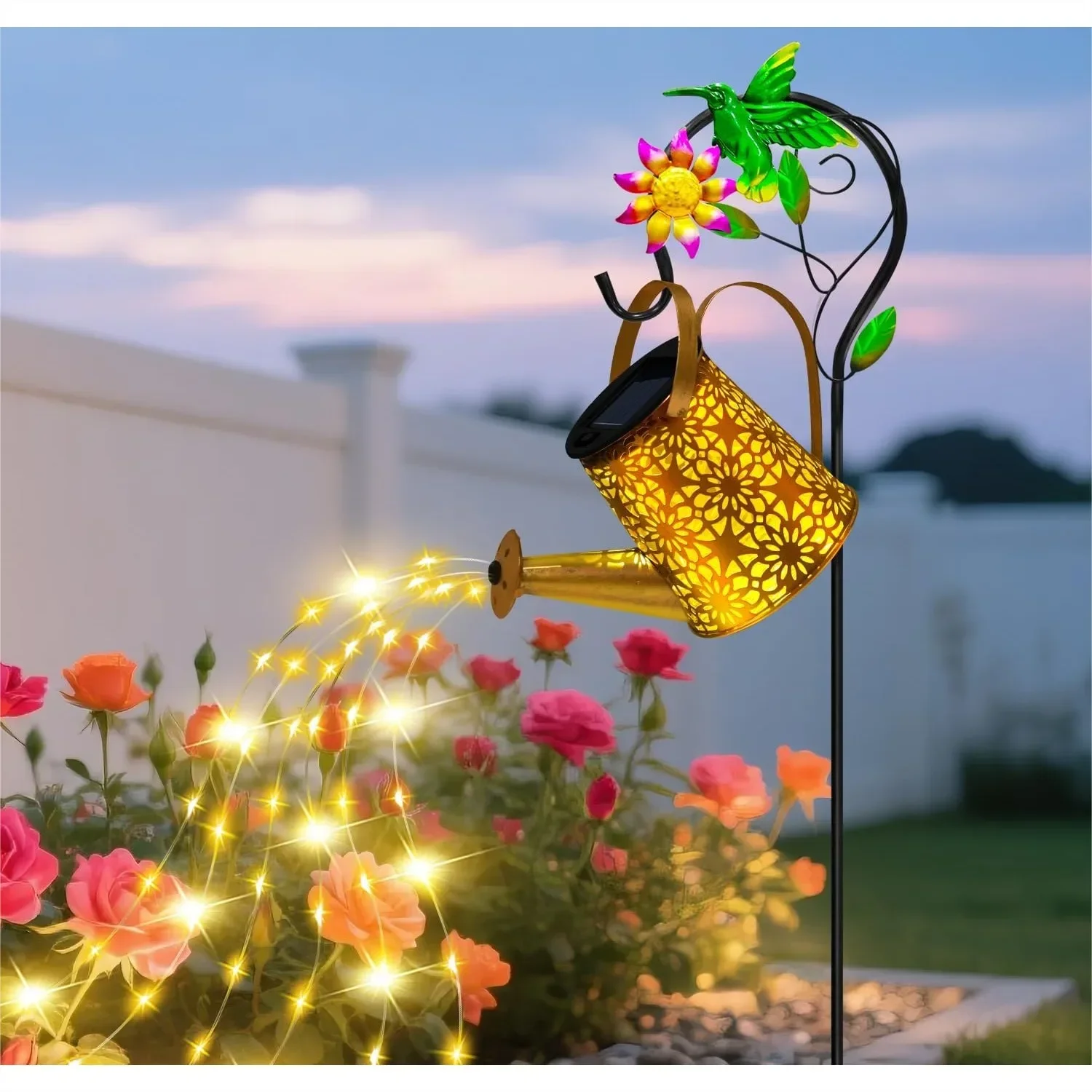 Solar Watering Can with Hummingbird Hook and Cascading Lights for Garden Patio Decor
Solar Watering Can with Hummingbird Hook and Cascading Lights for Garden Patio Decor