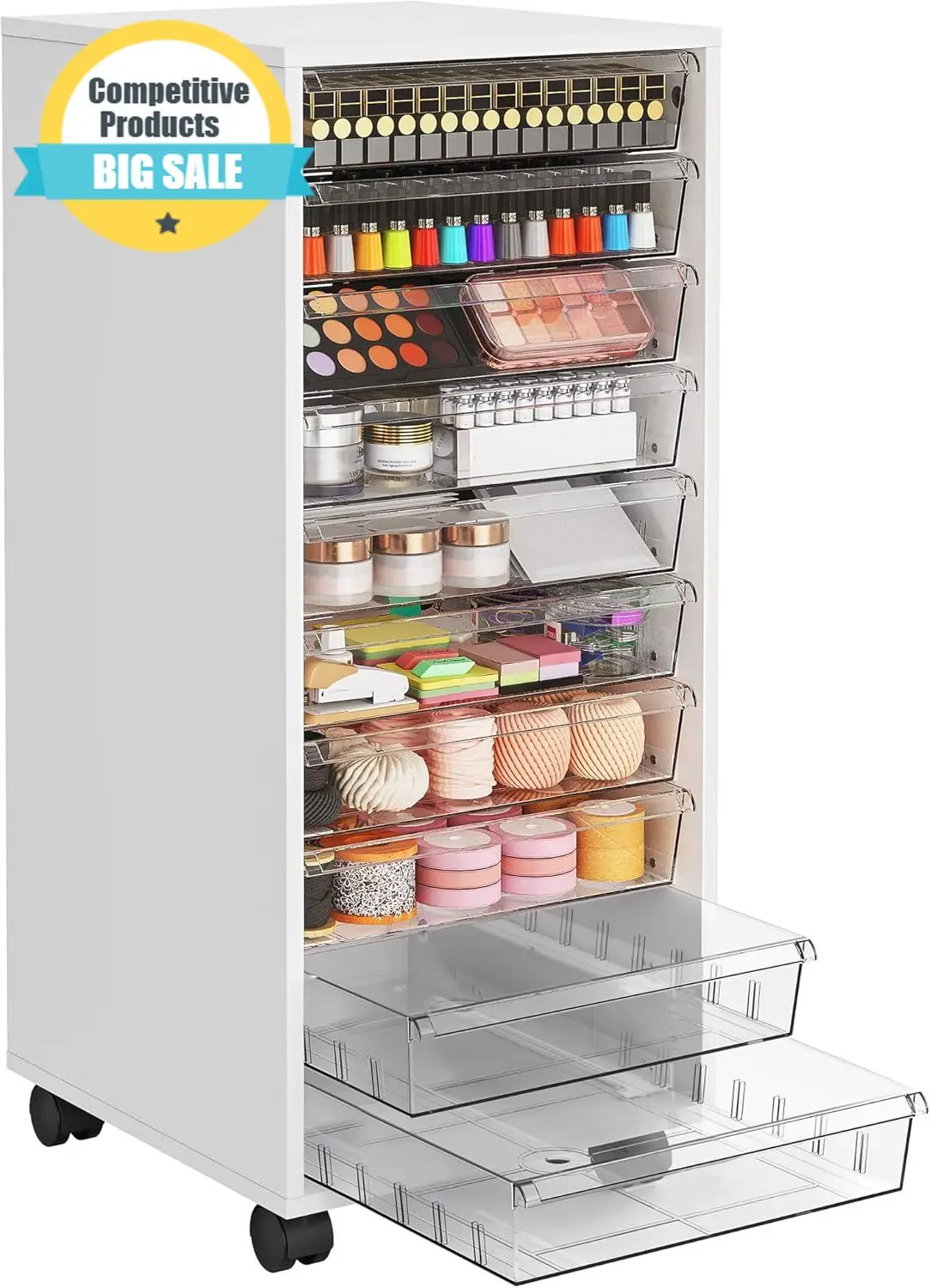 Mobile Storage Cabinet, Makeup Storage with 10 Large Clear Drawers, Utility Wooden Rolling Cart on Wheels
Mobile Storage Cabinet, Makeup Storage with 10 Large Clear Drawers, Utility Wooden Rolling Cart on Wheels