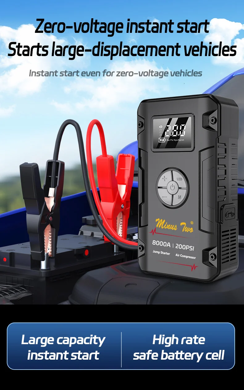 Car Jump Starter with 200PSI Air Compressor, 12V Battery Booster Pack, Portable Power Bank with LED Light, Digital Display
Car Jump Starter with 200PSI Air Compressor, 12V Battery Booster Pack, Portable Power Bank with LED Light, Digital Display