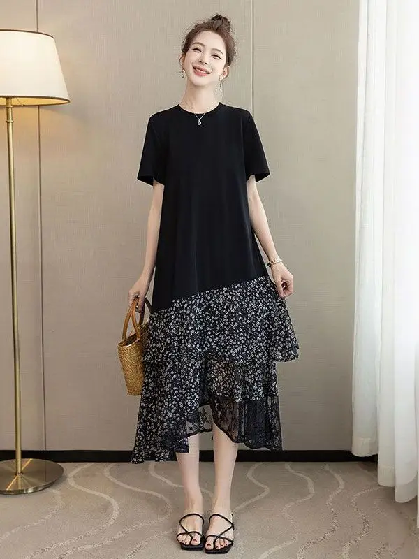 plus Size Floral Patchwork Short Sleeve Women's Dress Lace Hem Long Skirt Loose Fit Comfortable Breathable Summer Dress
plus Size Floral Patchwork Short Sleeve Women's Dress Lace Hem Long Skirt Loose Fit Comfortable Breathable Summer Dress