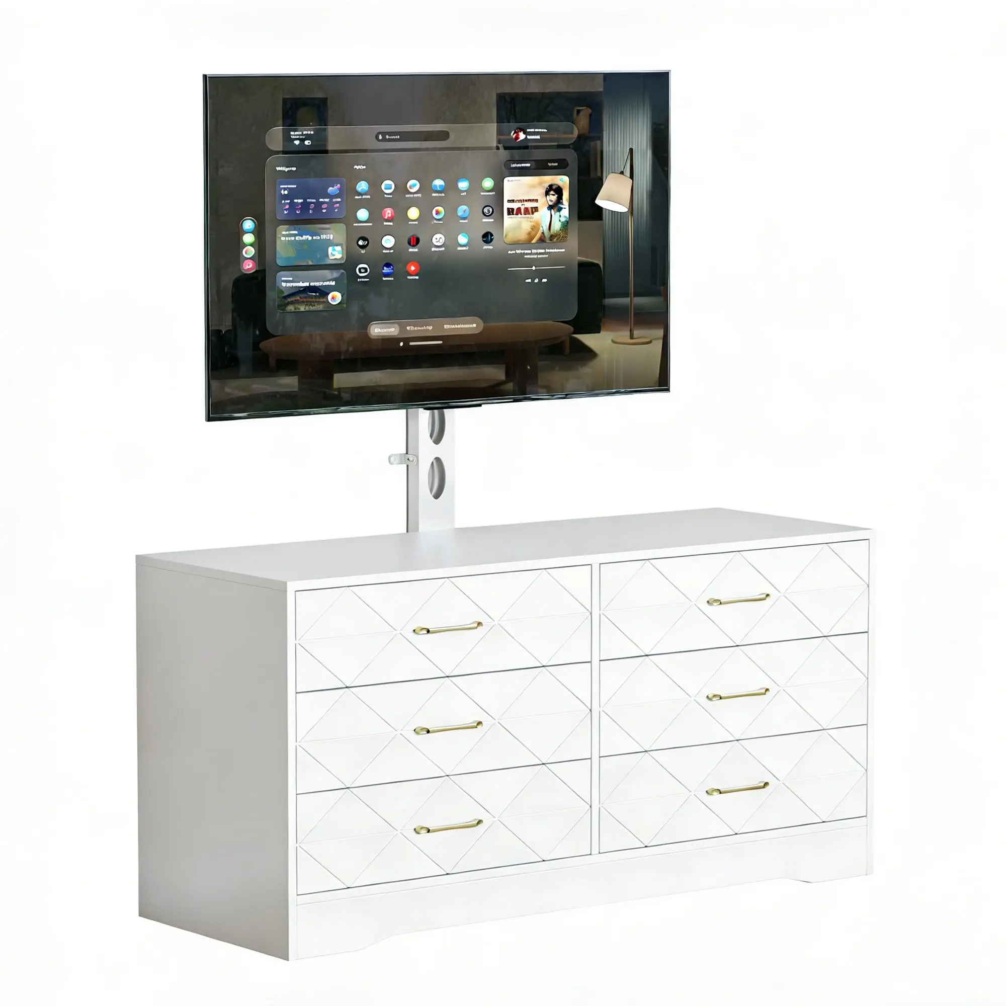 White TV Stand With 6 Drawers And Height Adjustable Mount For 32-85 Inch TVs
White TV Stand With 6 Drawers And Height Adjustable Mount For 32-85 Inch TVs