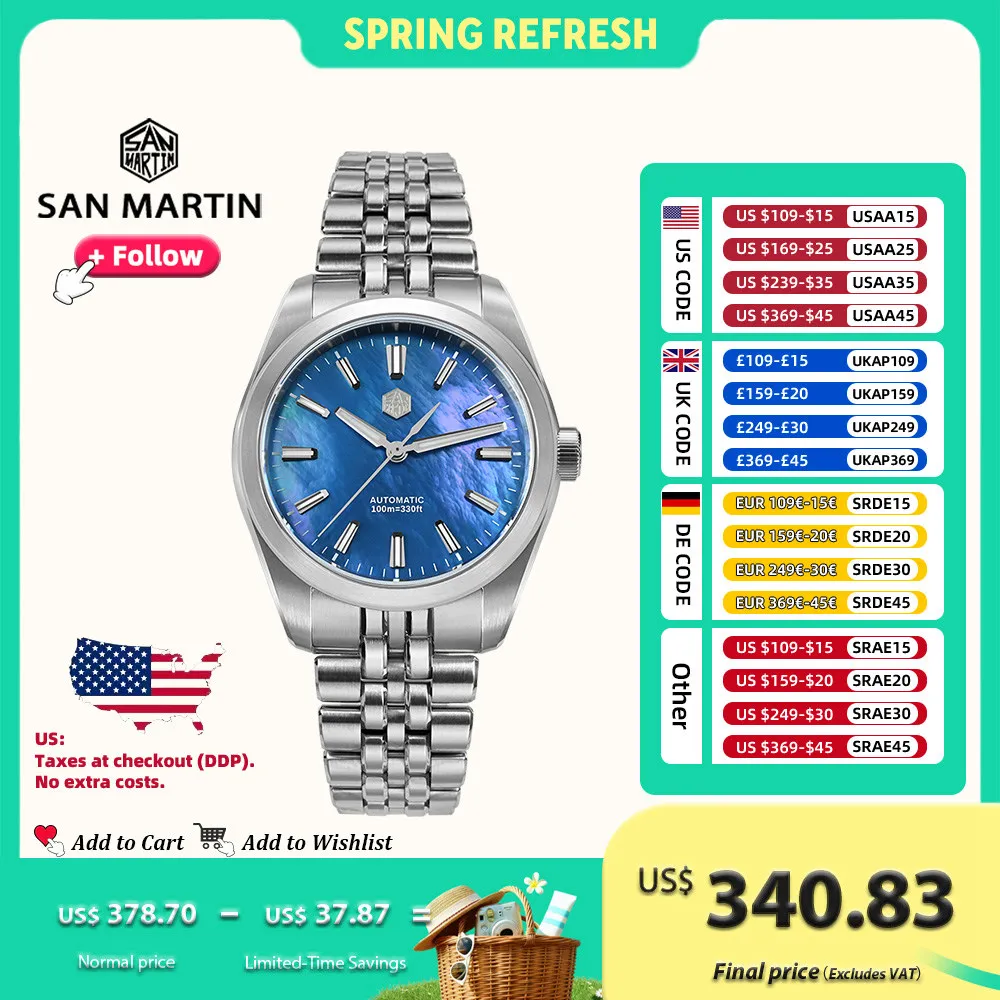 San Martin 39mm Luxury Dress Men Watch Miyota 90S5 MOP Dial Gada Automatic Mechanical Watches Waterproof 10Bar Luminous SN0144
San Martin 39mm Luxury Dress Men Watch Miyota 90S5 MOP Dial Gada Automatic Mechanical Watches Waterproof 10Bar Luminous SN0144