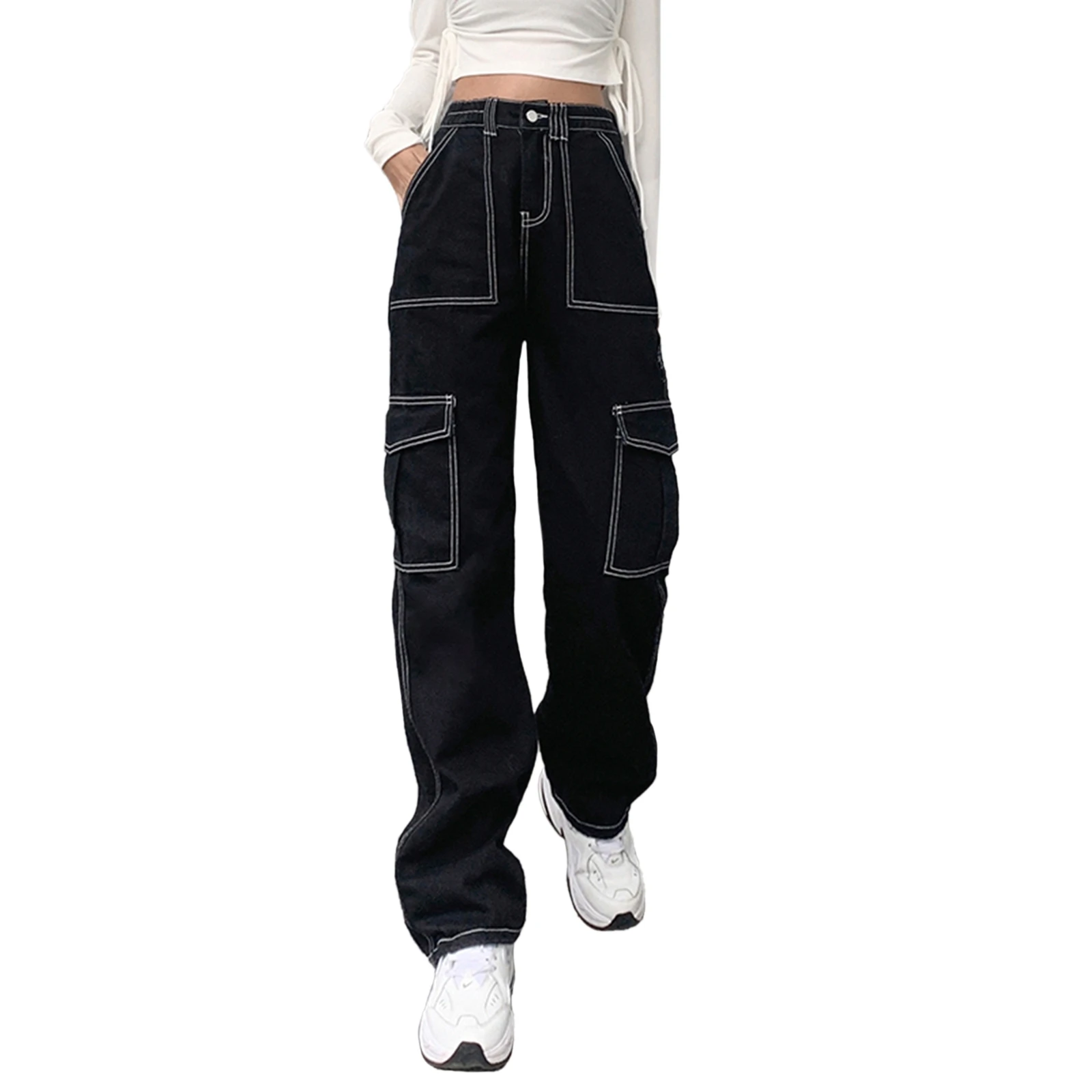 Women'S Large Pocket Casual Straight Leg Wide Leg Jeans Fashionable Stitching High Waisted Loose Black Denim Long Pants
Women'S Large Pocket Casual Straight Leg Wide Leg Jeans Fashionable Stitching High Waisted Loose Black Denim Long Pants