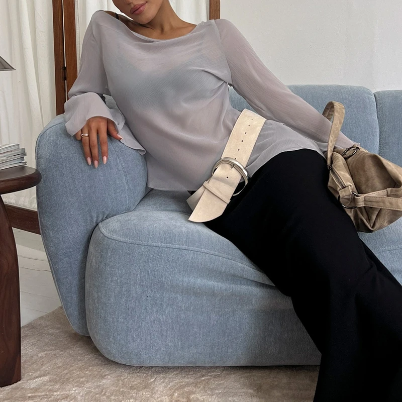 Women's Sheer See-through Chiffon Tops Solid Color Boat Neck Long Bell Flare Sleeve Tie-up Backless Cover-up Blouses
Women's Sheer See-through Chiffon Tops Solid Color Boat Neck Long Bell Flare Sleeve Tie-up Backless Cover-up Blouses