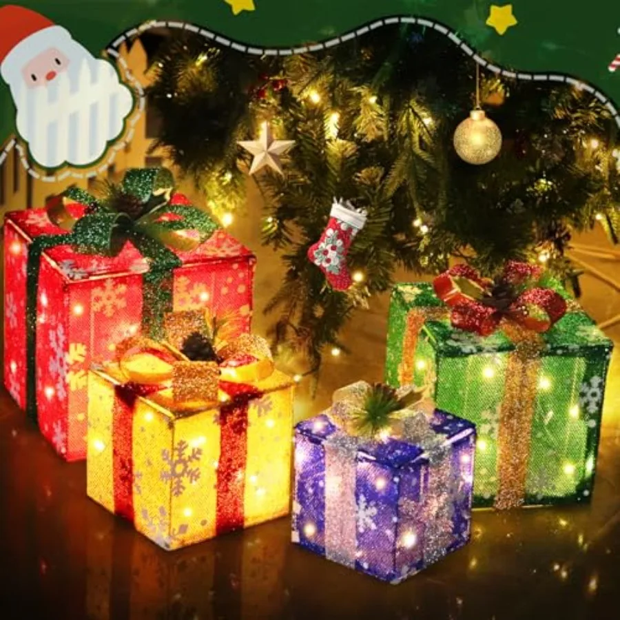 Set of 4 Christmas Lighted Gift Boxes, 70 Led Light Up Colorful Iron Frame Present Box with Pine Cones Bows for Xmas Tree Party
Set of 4 Christmas Lighted Gift Boxes, 70 Led Light Up Colorful Iron Frame Present Box with Pine Cones Bows for Xmas Tree Party