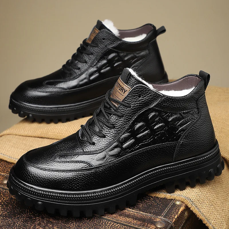 Зимняя мужская обувь, ботинки из коровьей кожи, теплая шерстяная повседневная обувь, уличные зимние ботинки на толстой подошве с крокодиловым принтом
Зимняя мужская обувь, ботинки из коровьей кожи, теплая шерстяная повседневная обувь, уличные зимние ботинки на толстой подошве с крокодиловым принтом