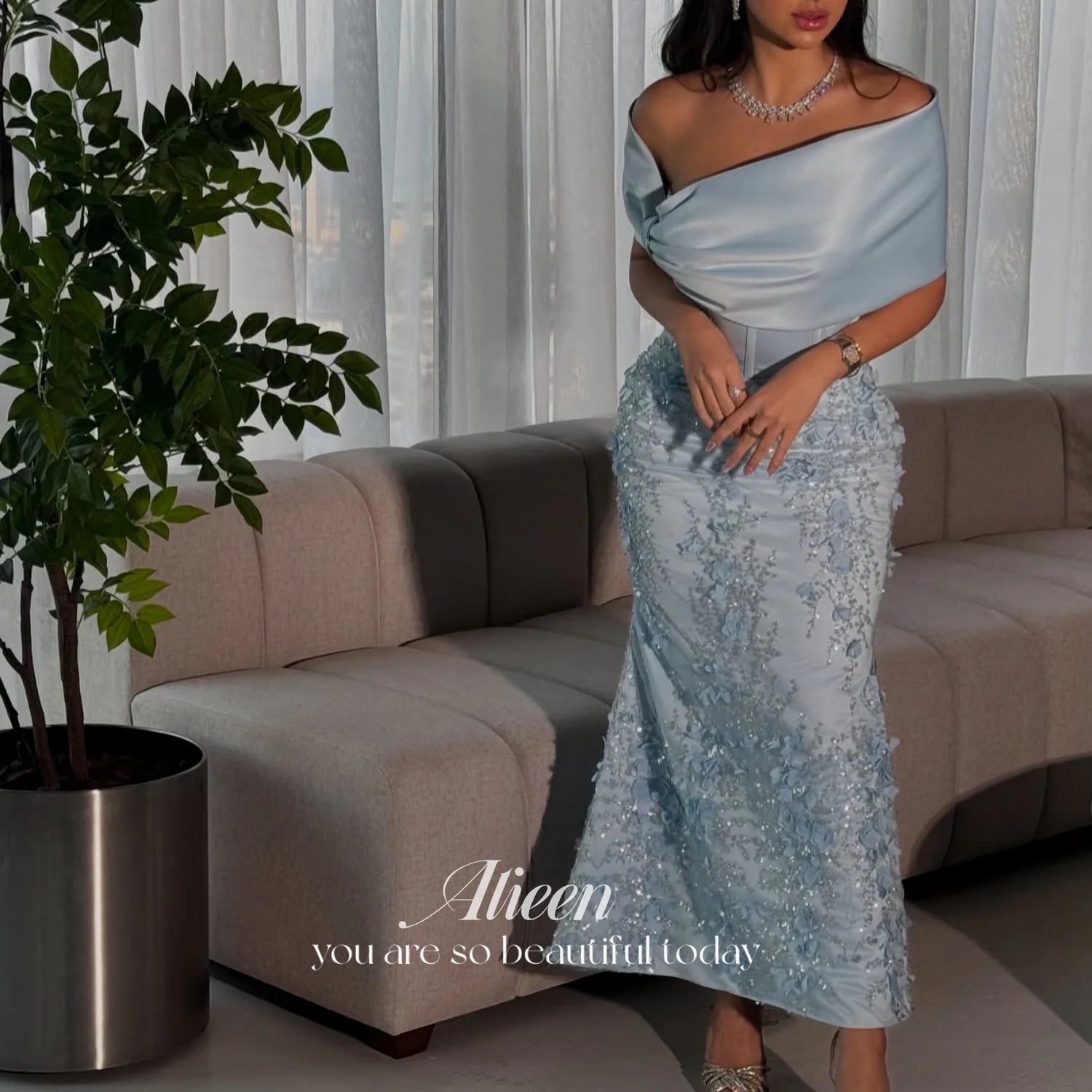 Aileen Light Blue Satin Off Shoulder Cocktail Dress Hot Sale Short Sleeve Mermaid Ankle-Length Beading Dress Customized
Aileen Light Blue Satin Off Shoulder Cocktail Dress Hot Sale Short Sleeve Mermaid Ankle-Length Beading Dress Customized