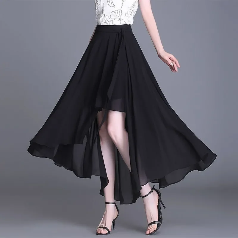 Женская черная асимметричная шифоновая макси-трапеция с высоким и низким вырезом, повседневная официальная длинная юбка
Женская черная асимметричная шифоновая макси-трапеция с высоким и низким вырезом, повседневная официальная длинная юбка