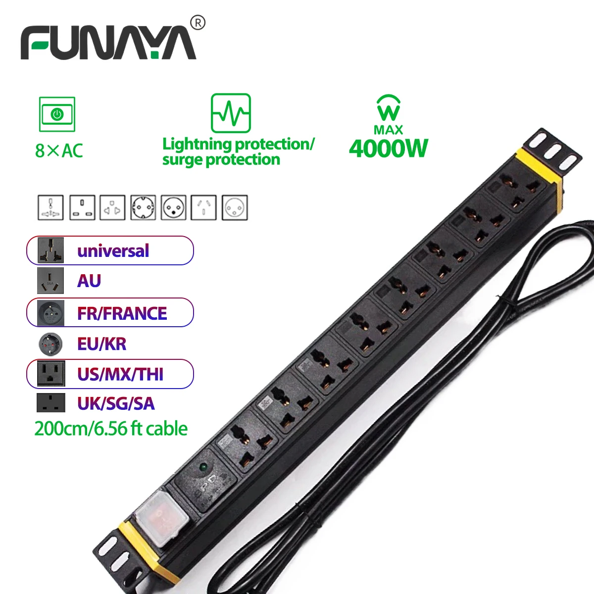 PDU 8 Outlets Alloy Cabinet Socket Socket Multi Universal with EU AU US UK Plug Lightning Protection Surge for 19Inch Industry
PDU 8 Outlets Alloy Cabinet Socket Socket Multi Universal with EU AU US UK Plug Lightning Protection Surge for 19Inch Industry