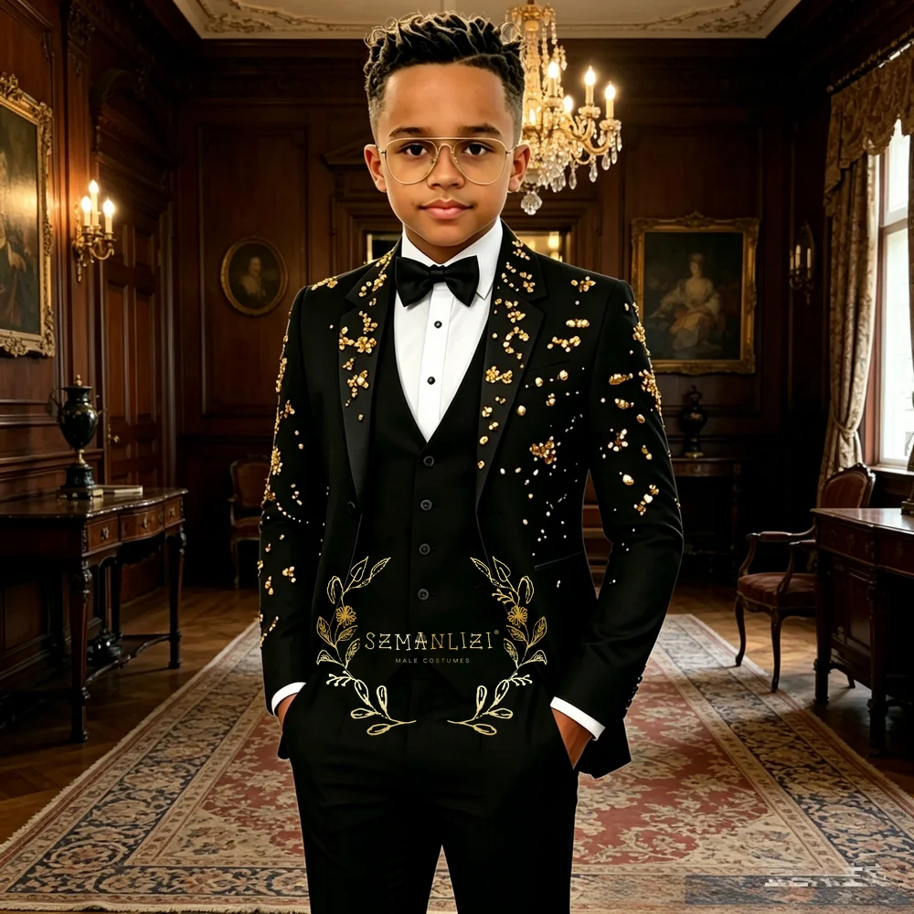 Black Gold Crystals Boy's Suit Formal Set 3-Pieces Jacket+vest+pants Notched Lapel Kids Tuxedos 2-16 Year Old Wedding Prom Party
Black Gold Crystals Boy's Suit Formal Set 3-Pieces Jacket+vest+pants Notched Lapel Kids Tuxedos 2-16 Year Old Wedding Prom Party