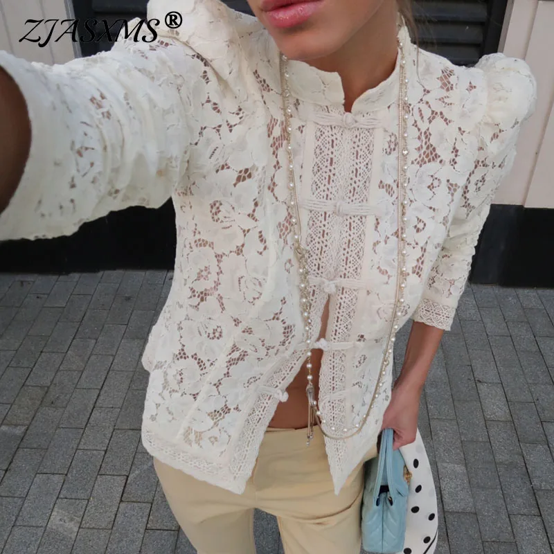 White Lace Crochet Flower Jacquard Top Woman Blouse Sexy Stand Collar Single Breasted Shirt Spring Fall Long Sleeve Hollow Blusa
White Lace Crochet Flower Jacquard Top Woman Blouse Sexy Stand Collar Single Breasted Shirt Spring Fall Long Sleeve Hollow Blusa