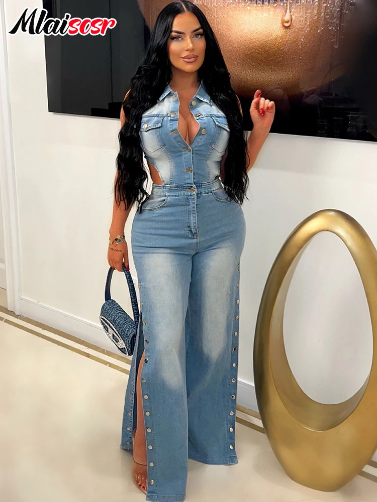 Mlaiscsr Blue Stretch Denim Button Wide Leg Pants One Piece Jumpsuits Women Sleeveless Hollow Out Washed Jean Rompers Overalls
Mlaiscsr Blue Stretch Denim Button Wide Leg Pants One Piece Jumpsuits Women Sleeveless Hollow Out Washed Jean Rompers Overalls