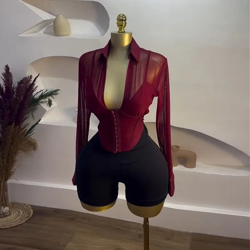 Women Blouse Solid Sheer Deep V Neck Women's Blouses Cropped Button-Up Shirt Corset Waist Mesh Long Sleeve Top Burgundy Color
Women Blouse Solid Sheer Deep V Neck Women's Blouses Cropped Button-Up Shirt Corset Waist Mesh Long Sleeve Top Burgundy Color