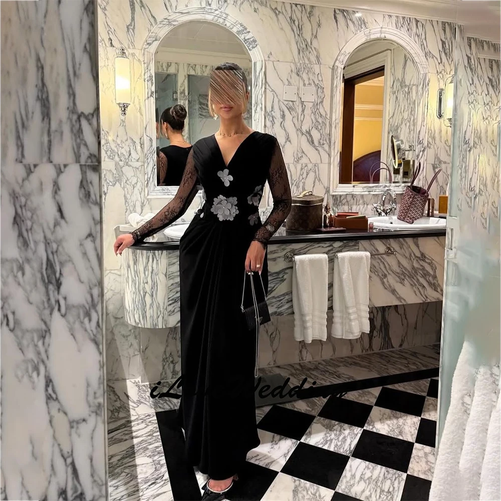 Customized Black V Neck Prom Dresses with Flowers Lace Long Sleeves Evening Dress Ruched Side Slit Special Party Gowns 2025
Customized Black V Neck Prom Dresses with Flowers Lace Long Sleeves Evening Dress Ruched Side Slit Special Party Gowns 2025