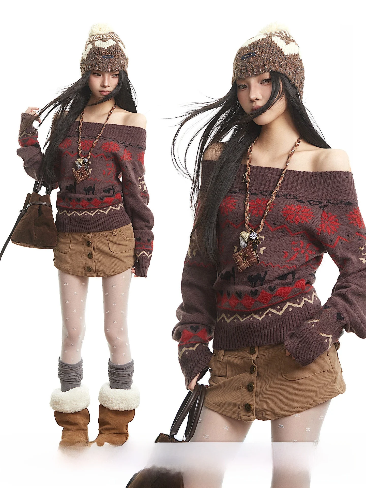 UNCMHISEX Красно-коричневый вязаный свитер с одним открытым плечом и узором снежинки, женский, свободного кроя, осенне-зимний, модный, для повседневной носки
UNCMHISEX Красно-коричневый вязаный свитер с одним открытым плечом и узором снежинки, женский, свободного кроя, осенне-зимний, модный, для повседневной носки