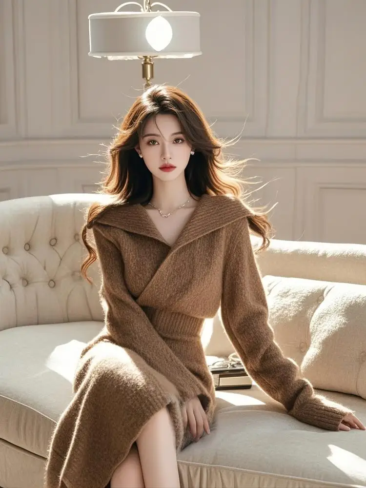 Korean High-End Autumn Winter Woolen Knitted Top Skirt Set Unique Lazy Style Caramel Collar Long Sleeve Four Seasons Fashion
Korean High-End Autumn Winter Woolen Knitted Top Skirt Set Unique Lazy Style Caramel Collar Long Sleeve Four Seasons Fashion