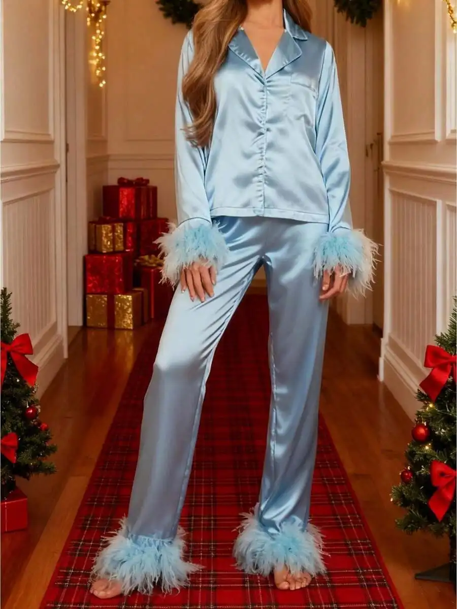 Womens Satin Lapel Button Up Long Sleeve Sleepwear Set With Feather Trim
Womens Satin Lapel Button Up Long Sleeve Sleepwear Set With Feather Trim