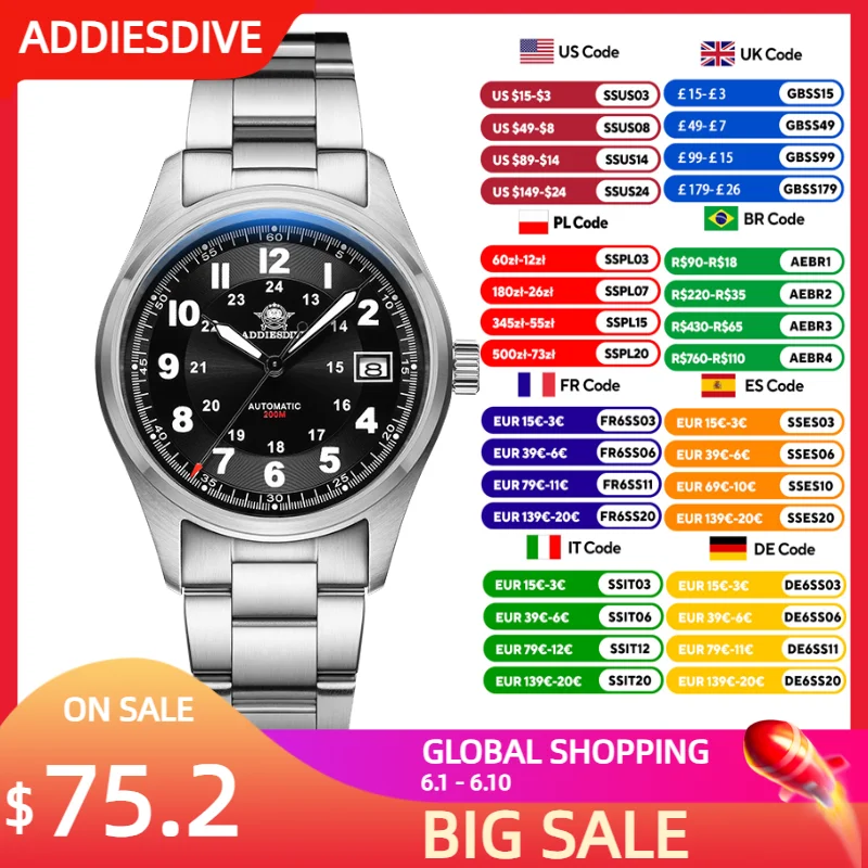 ADDIESDIVE 39mm Men's Automatic Watch Sapphire BWG9 Luminous 200m Waterproof Watches 316L Stainless Steel Vintage Dress Watch
ADDIESDIVE 39mm Men's Automatic Watch Sapphire BWG9 Luminous 200m Waterproof Watches 316L Stainless Steel Vintage Dress Watch