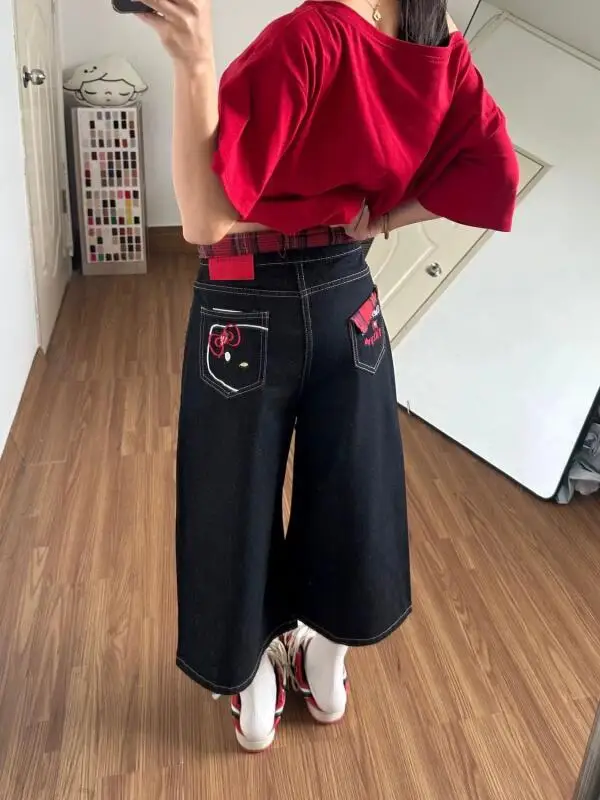 Anime Hello Kittys Embroidered Denim Black Straight Cropped Jeans Women's Summer Loose Wide Leg Pants Girls Trend Shorts Gift
Anime Hello Kittys Embroidered Denim Black Straight Cropped Jeans Women's Summer Loose Wide Leg Pants Girls Trend Shorts Gift