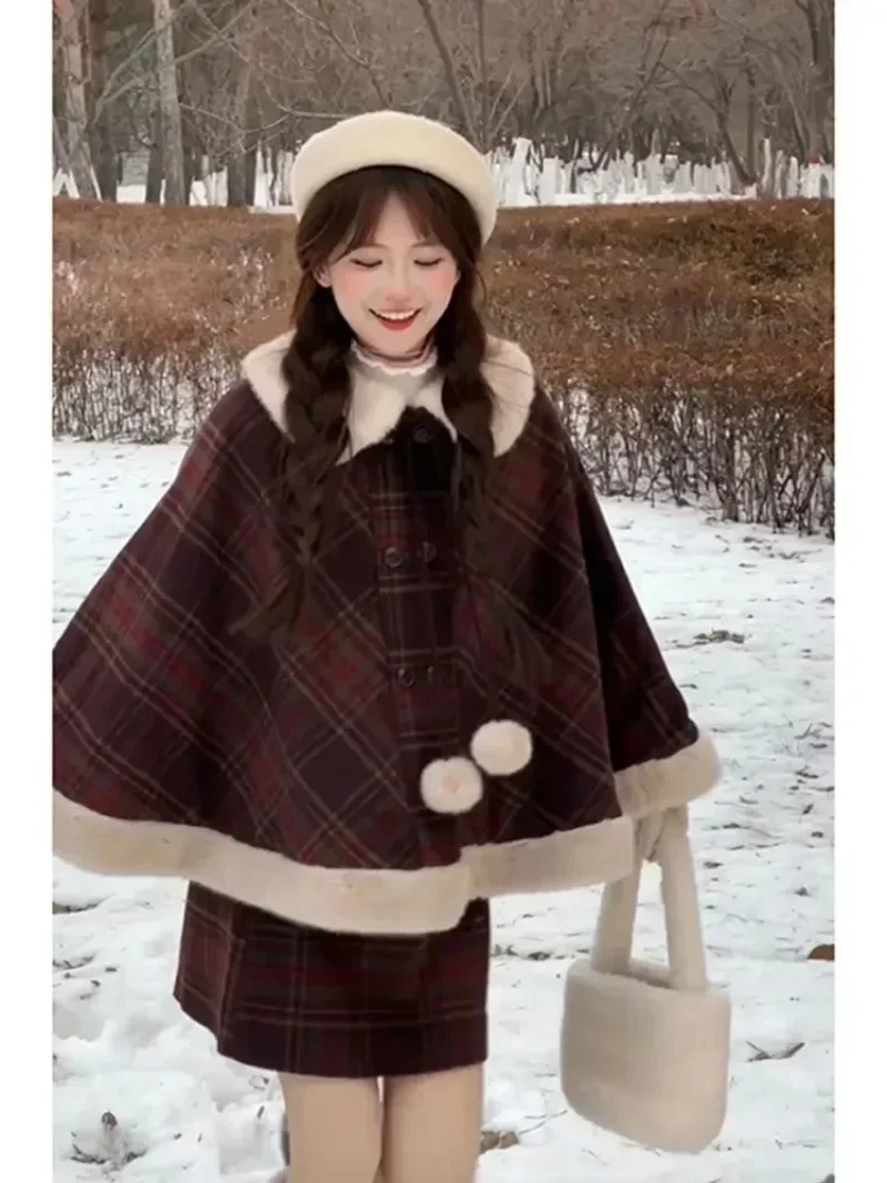 Women's Red Lattice Woolen Cloak Double Breasted Turndown Collar Short Coat Female Autumn Winter A-line Skirt Two-piece Suit
Women's Red Lattice Woolen Cloak Double Breasted Turndown Collar Short Coat Female Autumn Winter A-line Skirt Two-piece Suit