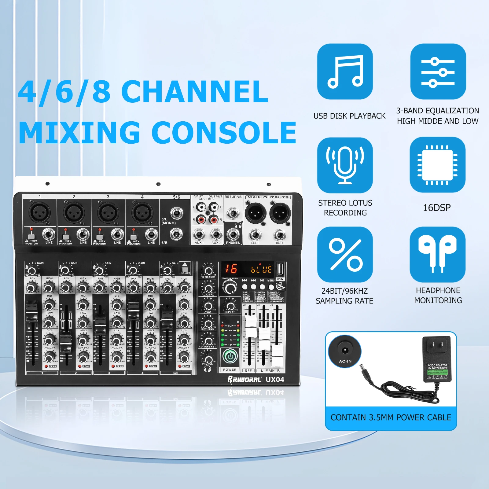 Audio Mixer 6 Channel 99 DSP Effect Record PC 48V Phantom Power USB Sound Mixers Bluetooth DJ Console Mixing for Karaok
Audio Mixer 6 Channel 99 DSP Effect Record PC 48V Phantom Power USB Sound Mixers Bluetooth DJ Console Mixing for Karaok