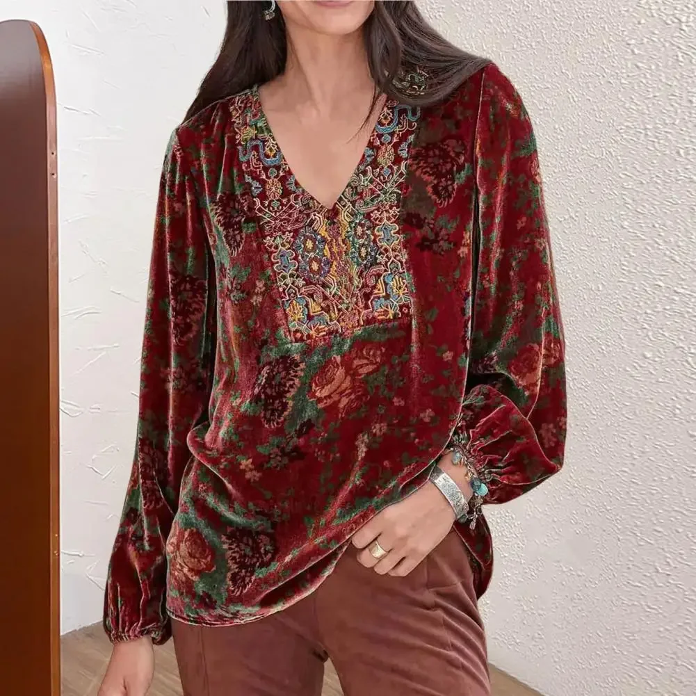 Women Blouse Vintage Print V Neck Long Sleeve Elastic Cuff Streetwear Spring Autumn Loose Velvet T-shirt Pullover Women Clothes
Women Blouse Vintage Print V Neck Long Sleeve Elastic Cuff Streetwear Spring Autumn Loose Velvet T-shirt Pullover Women Clothes