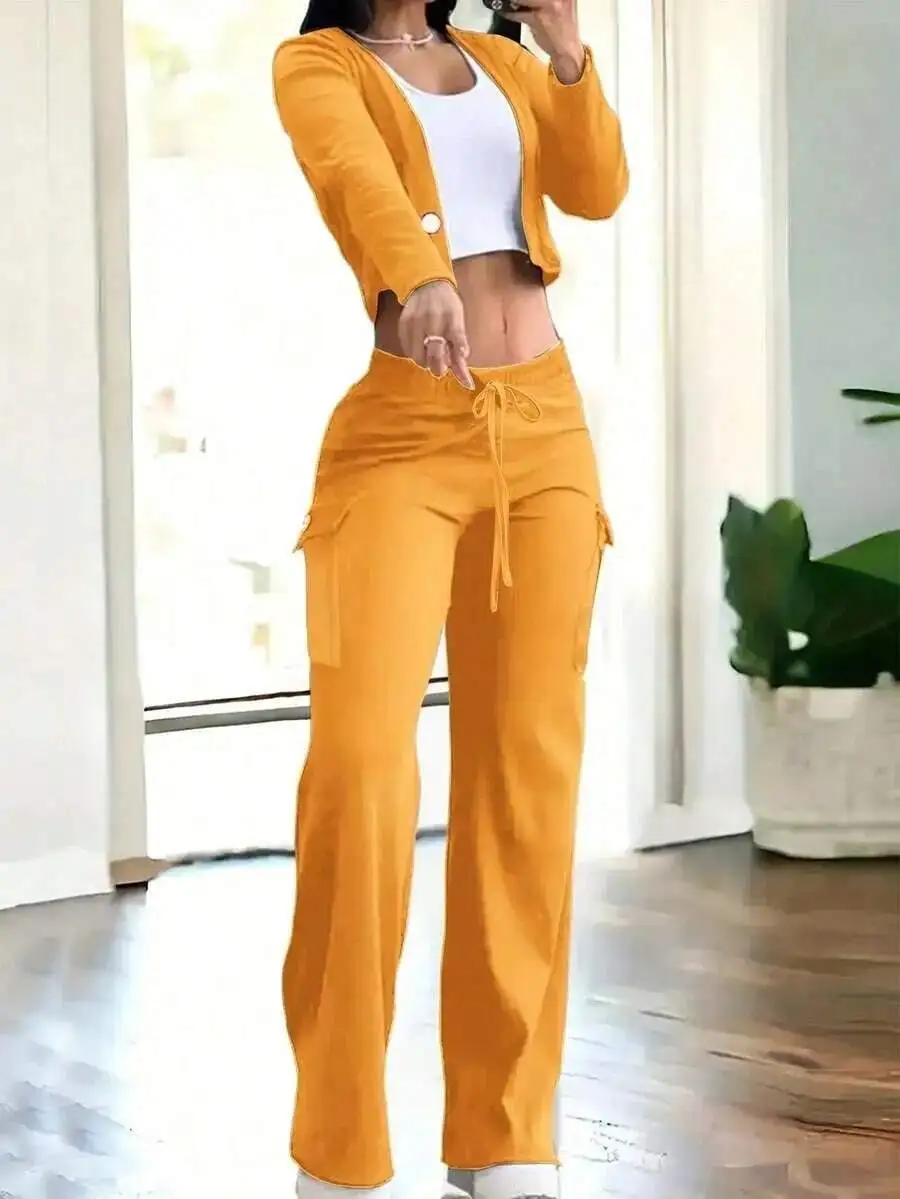 2 Piece Set Women Yellow Crop Top And Cargo Pants With Drawstring Waist Casual Y2K Style
2 Piece Set Women Yellow Crop Top And Cargo Pants With Drawstring Waist Casual Y2K Style