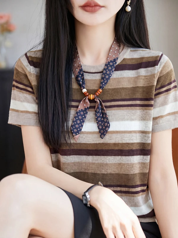 Retro Striped round Neck Short Sleeve Women's T-shirt Summer Fashion Loose Color Block Top with Scarf Thin Knittedwear
Retro Striped round Neck Short Sleeve Women's T-shirt Summer Fashion Loose Color Block Top with Scarf Thin Knittedwear