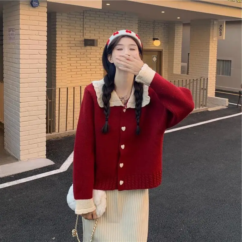 New Year Sweater Cardigan Woman Autumn Winter Christmas Red Tops Coat Peter Pan Collar Color Blocking Pullover Fashion Knitwear
New Year Sweater Cardigan Woman Autumn Winter Christmas Red Tops Coat Peter Pan Collar Color Blocking Pullover Fashion Knitwear