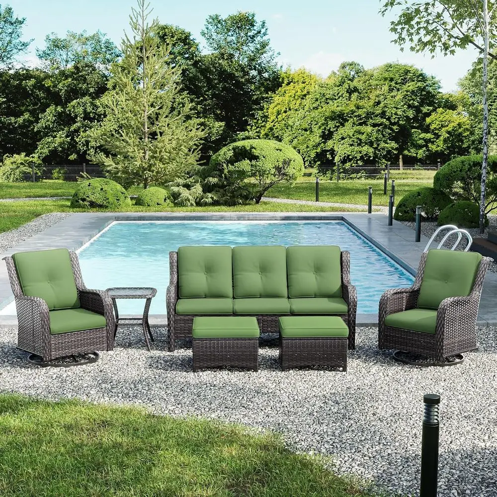 6-Piece Outdoor Wicker Patio Furniture Set with High Back Swivel Chairs, Sofa, Ottomans, and Side Table
6-Piece Outdoor Wicker Patio Furniture Set with High Back Swivel Chairs, Sofa, Ottomans, and Side Table