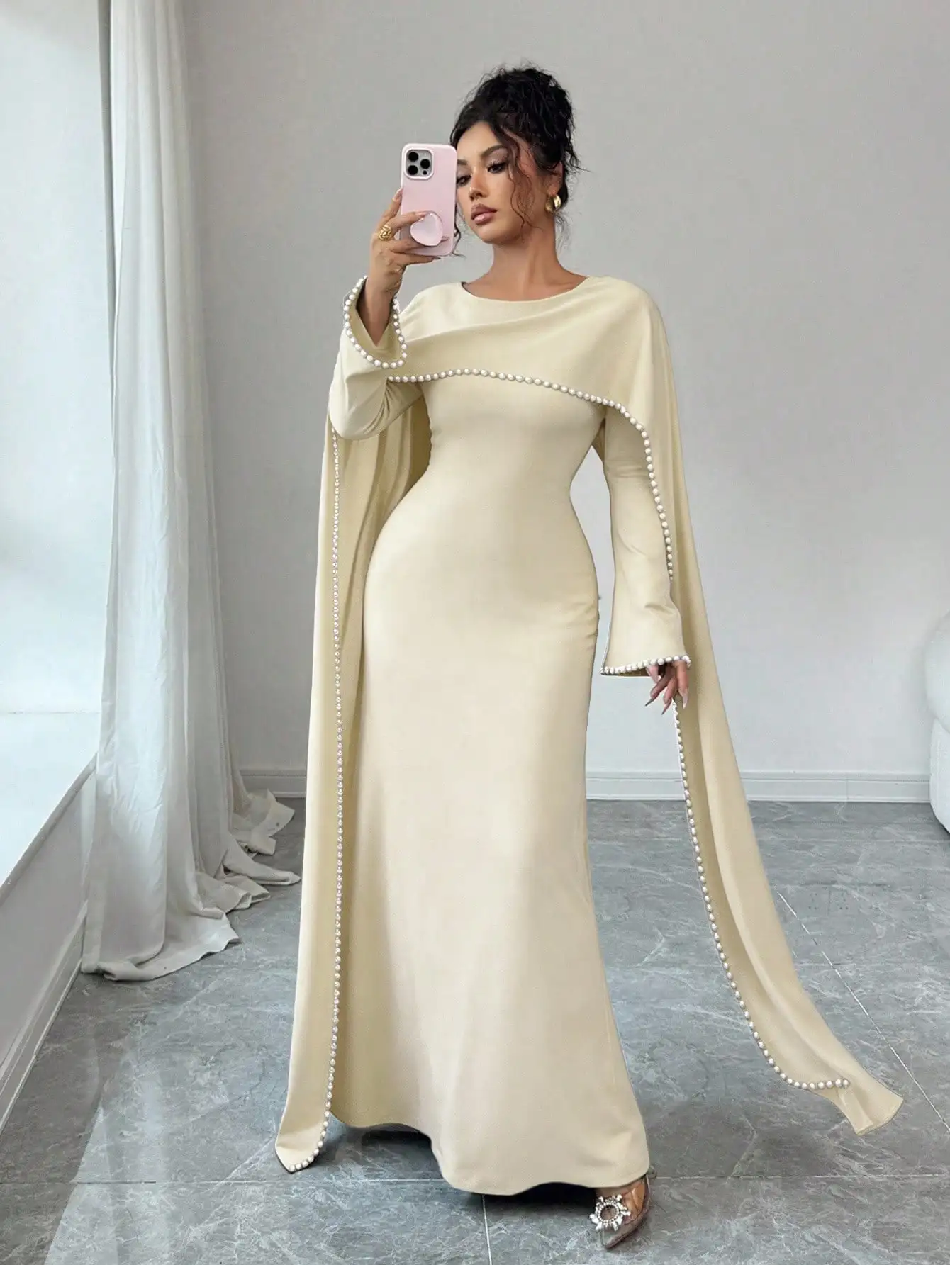 Elegant White Pearl Trim Cape Evening Dress Customize Long Sleeve Cinched Waist Muslim Robes Formal Cocktail Prom Party Vestidos
Elegant White Pearl Trim Cape Evening Dress Customize Long Sleeve Cinched Waist Muslim Robes Formal Cocktail Prom Party Vestidos