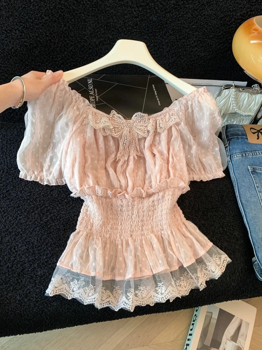 Pink Lace Shoulder Bridesmaid Shirt Women's Summer New Polka Dot Net Knot Hem Short Sleeve Waist Cinched Top
Pink Lace Shoulder Bridesmaid Shirt Women's Summer New Polka Dot Net Knot Hem Short Sleeve Waist Cinched Top