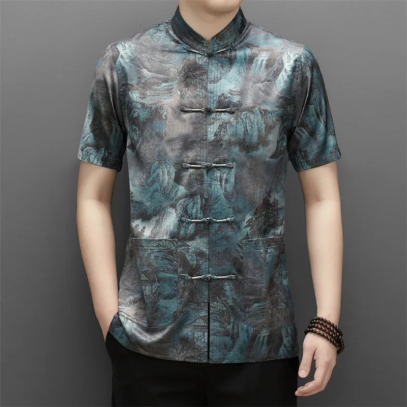 2023 Stand Collar Tang Hanfu Suits Summer Chinese Traditional Printing Silk Shirt China Kung Fu Silk Clothes Male Short Sleeved
2023 Stand Collar Tang Hanfu Suits Summer Chinese Traditional Printing Silk Shirt China Kung Fu Silk Clothes Male Short Sleeved
