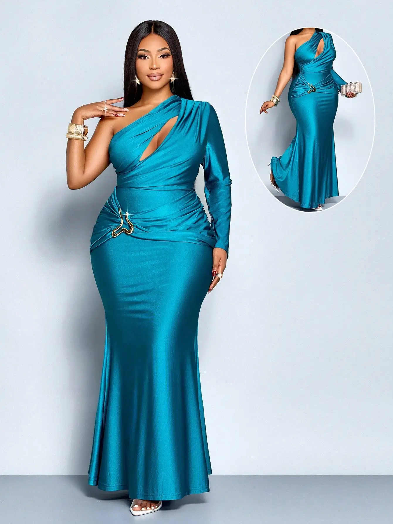 Тюркоазовое макси-платье с одним открытым плечом, длинными рукавами, вырезами и металлическими элементами, фасон «рыбий хвост»
Тюркоазовое макси-платье с одним открытым плечом, длинными рукавами, вырезами и металлическими элементами, фасон «рыбий хвост»